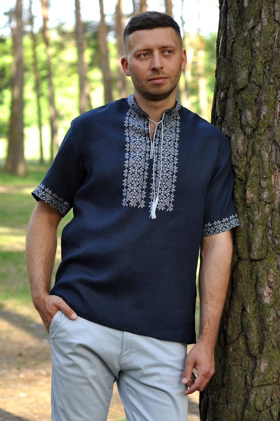Dark blue linen short sleeve embroidered men's shirt
