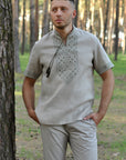 Embroidered short sleeve natural color linen shirt with stand collar