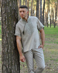 Men’s embroidered short-sleeve linen shirt with stand collar