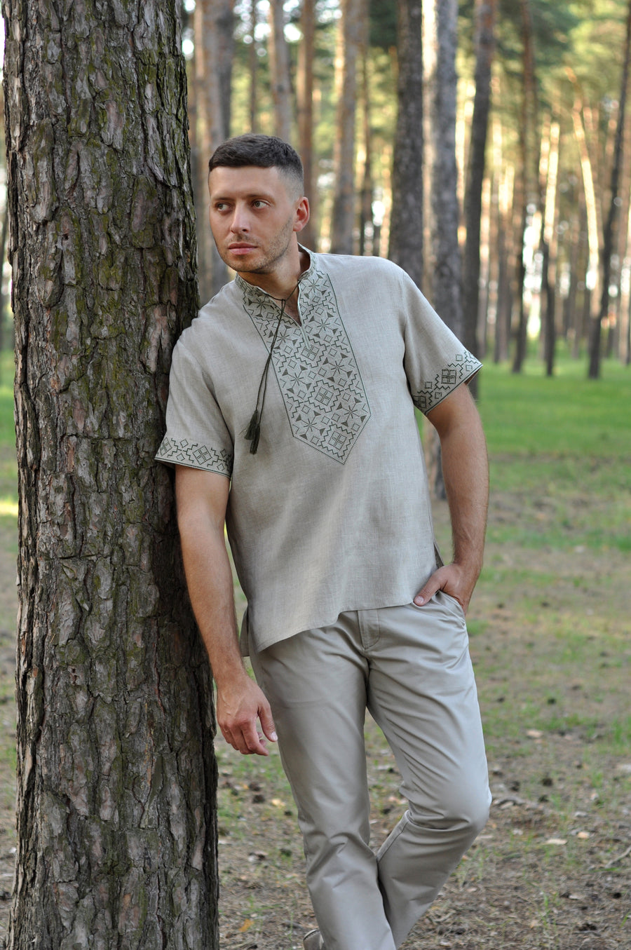 Embroidered short sleeve linen shirt with stand collar