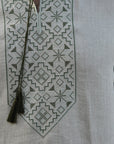Embroidered short sleeve natural color linen shirt with stand collar