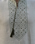 Embroidered short sleeve natural color linen shirt with stand collar