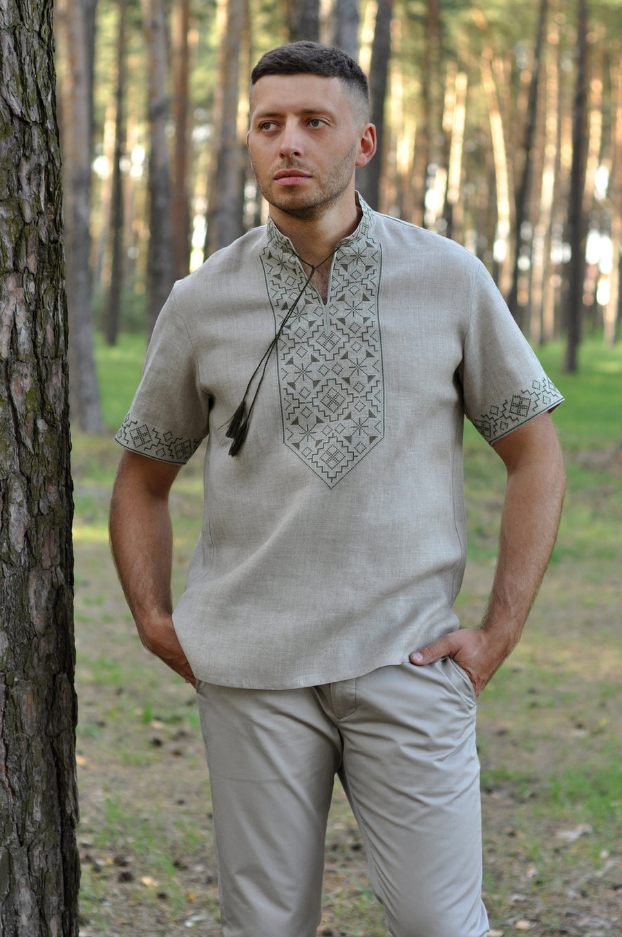 Embroidered short sleeve linen shirt with stand collar