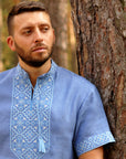 Embroidered short sleeve linen blue shirt