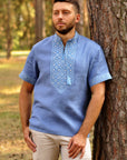 Embroidered short sleeve linen blue shirt