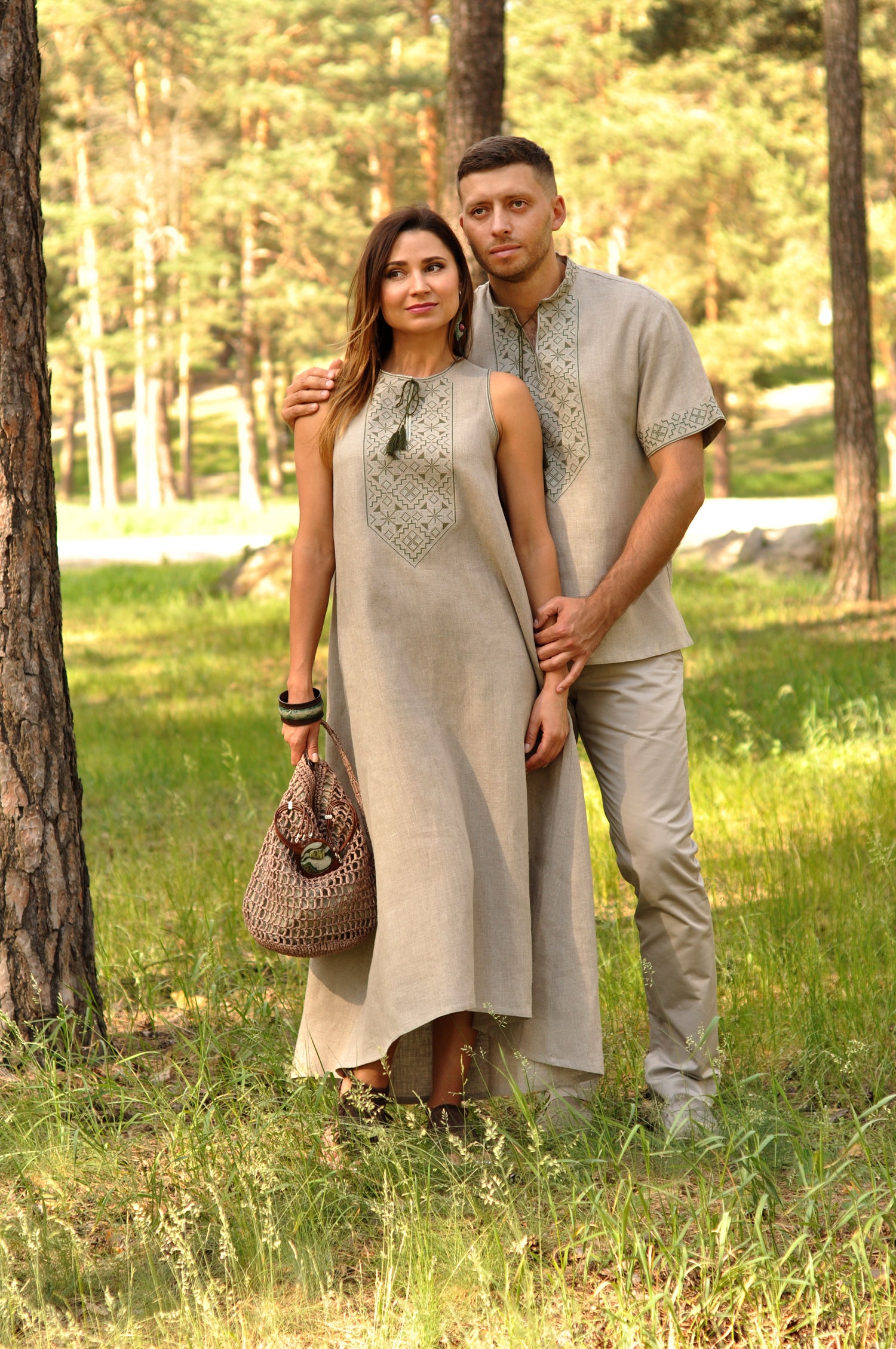 Natural unbleached linen outfit for couples with gray-green and khaki embroidery