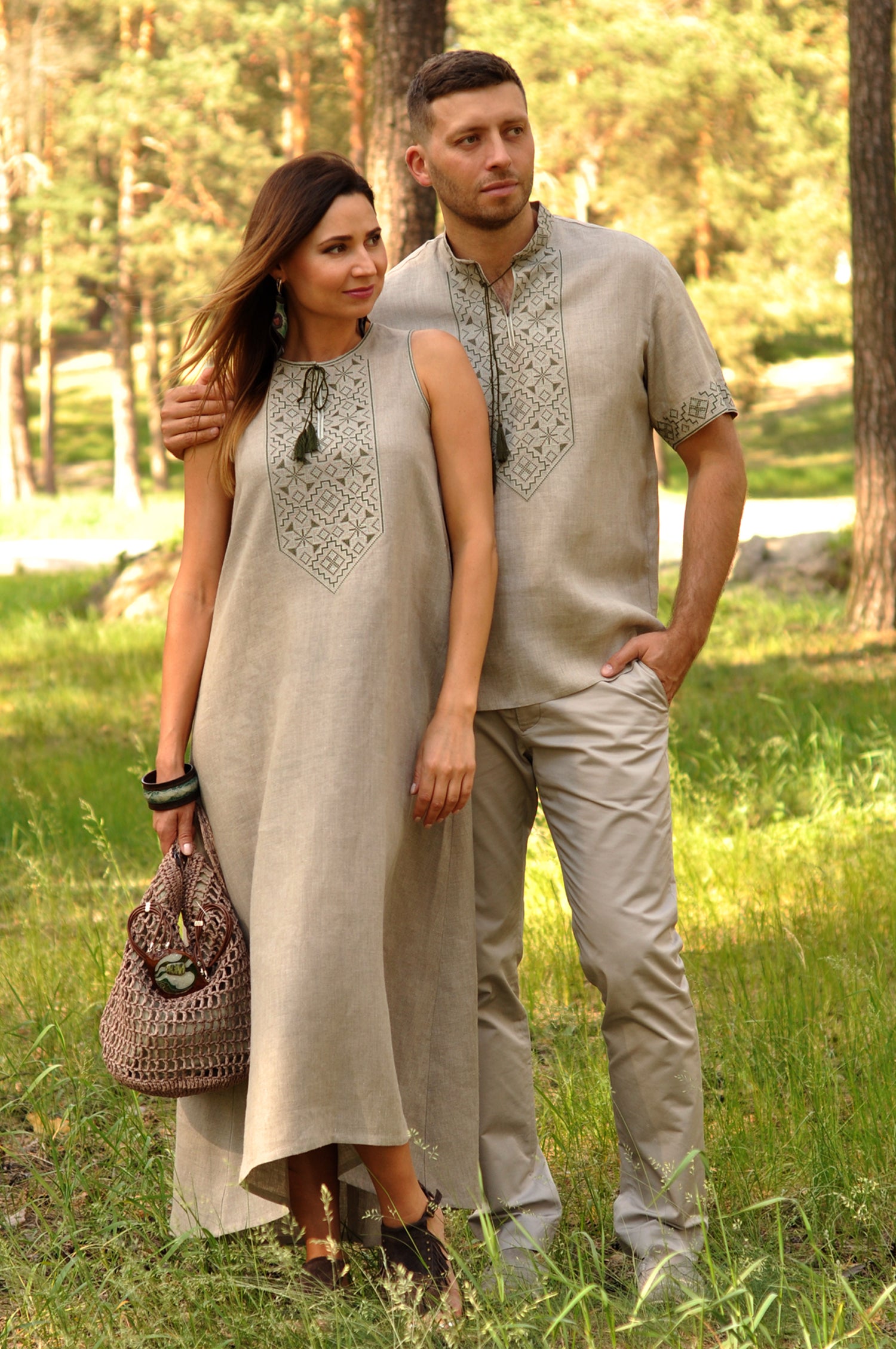 Matching linen couple set with men’s embroidered short-sleeve shirt and women’s asymmetric dress
