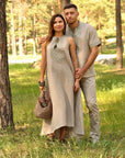 Natural unbleached linen outfit for couples with gray-green and khaki embroidery