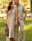 Matching linen couple set with men’s embroidered short-sleeve shirt and women’s asymmetric dress