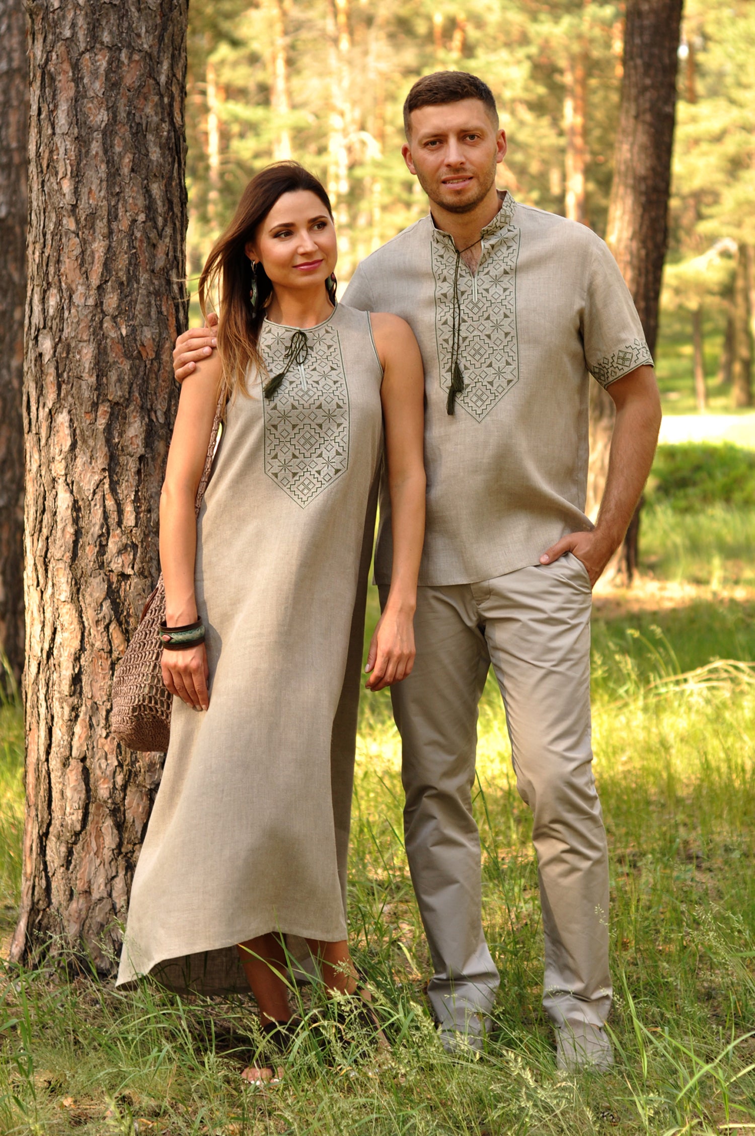 Women’s flared embroidered dress with asymmetric hem in natural flax color