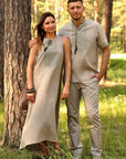 Women’s flared embroidered dress with asymmetric hem in natural flax color