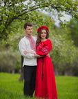 Matching couple outfit in natural linen featuring a men’s embroidered shirt and women’s embroidered dress in Ukrainian style