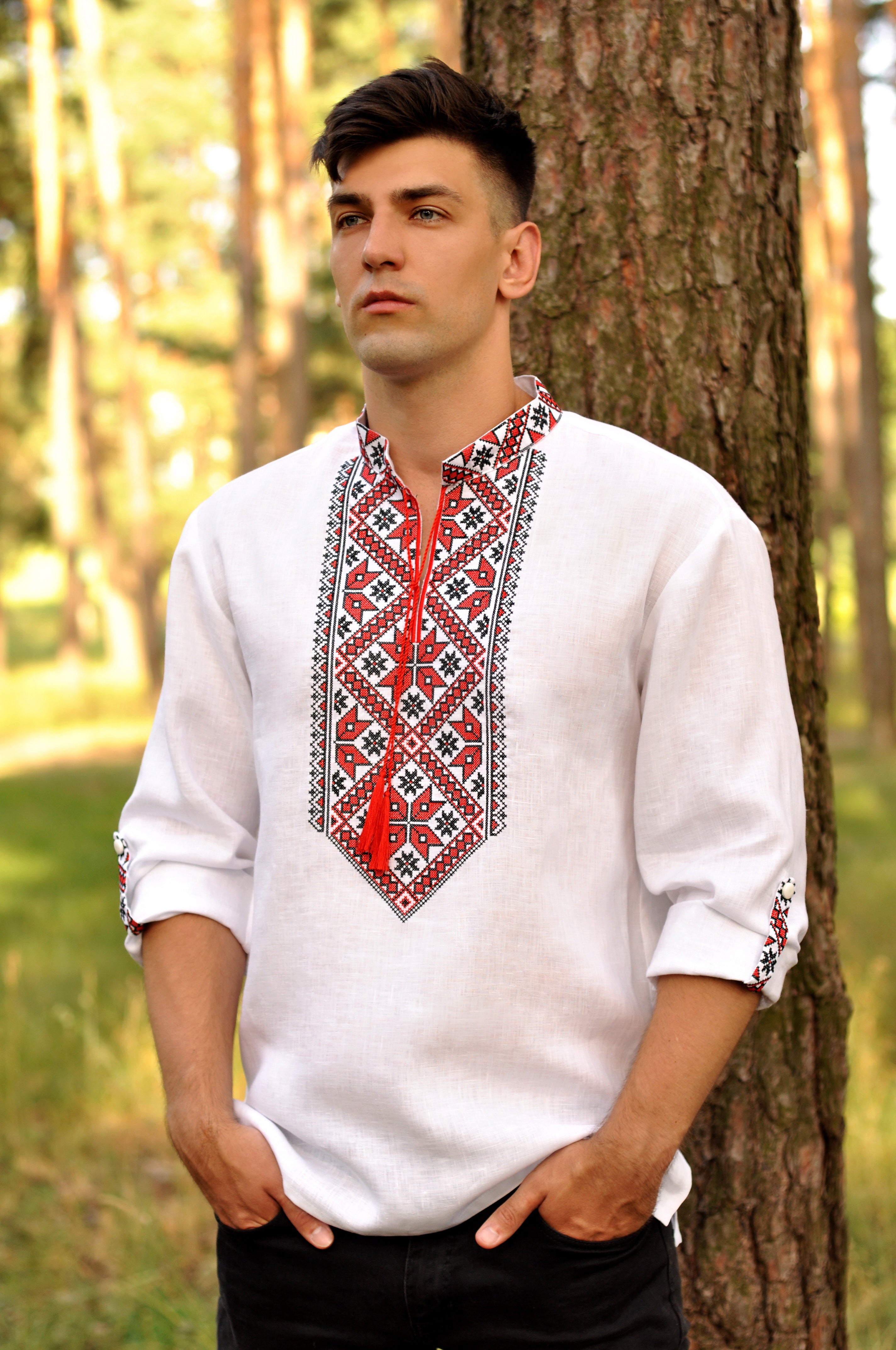 Mens Vyshyvanka Ukrainian Embroidered Collar Long Sleeve Shirt