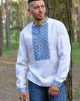 Modern linen talisman folk shirt with expressive embroidery