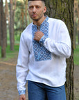 Modern linen talisman folk shirt with expressive embroidery