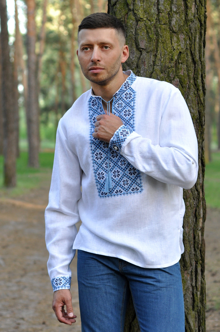 Modern linen talisman shirt with expressive embroidery