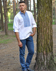 Modern linen talisman folk shirt with expressive embroidery