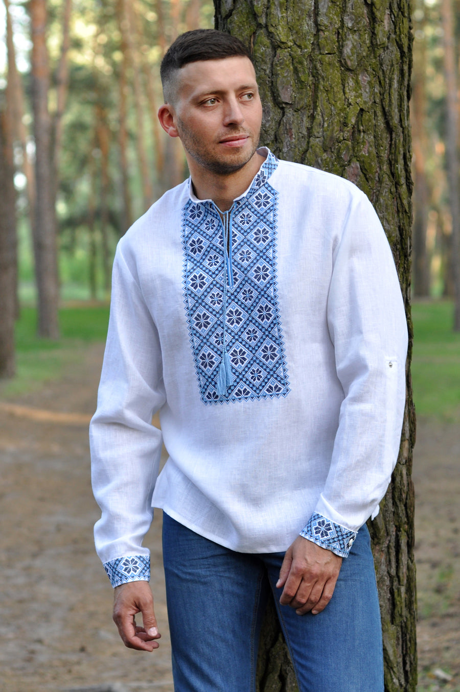 Modern linen talisman shirt with expressive embroidery