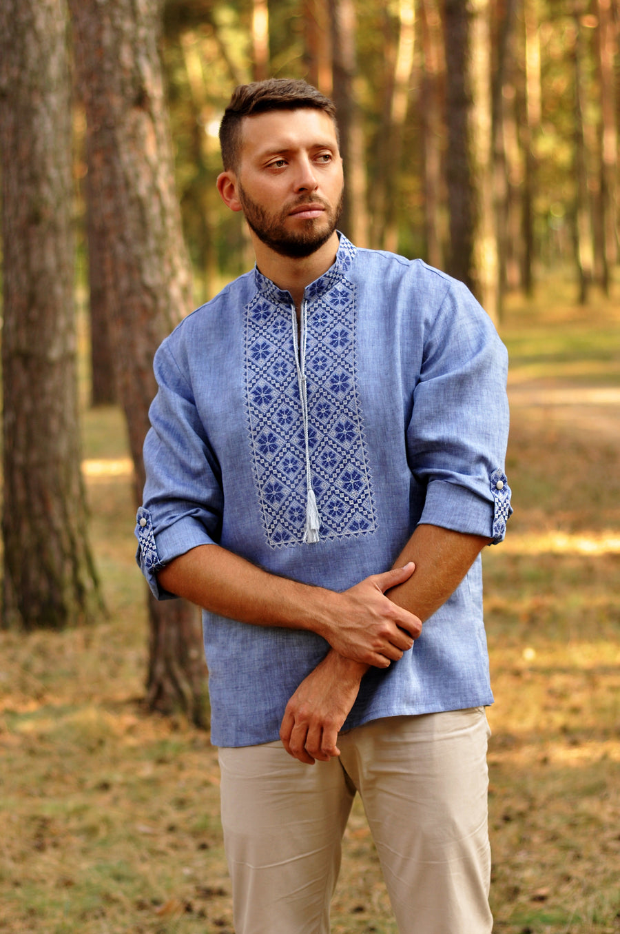 Embroidered men's shirt in denim style