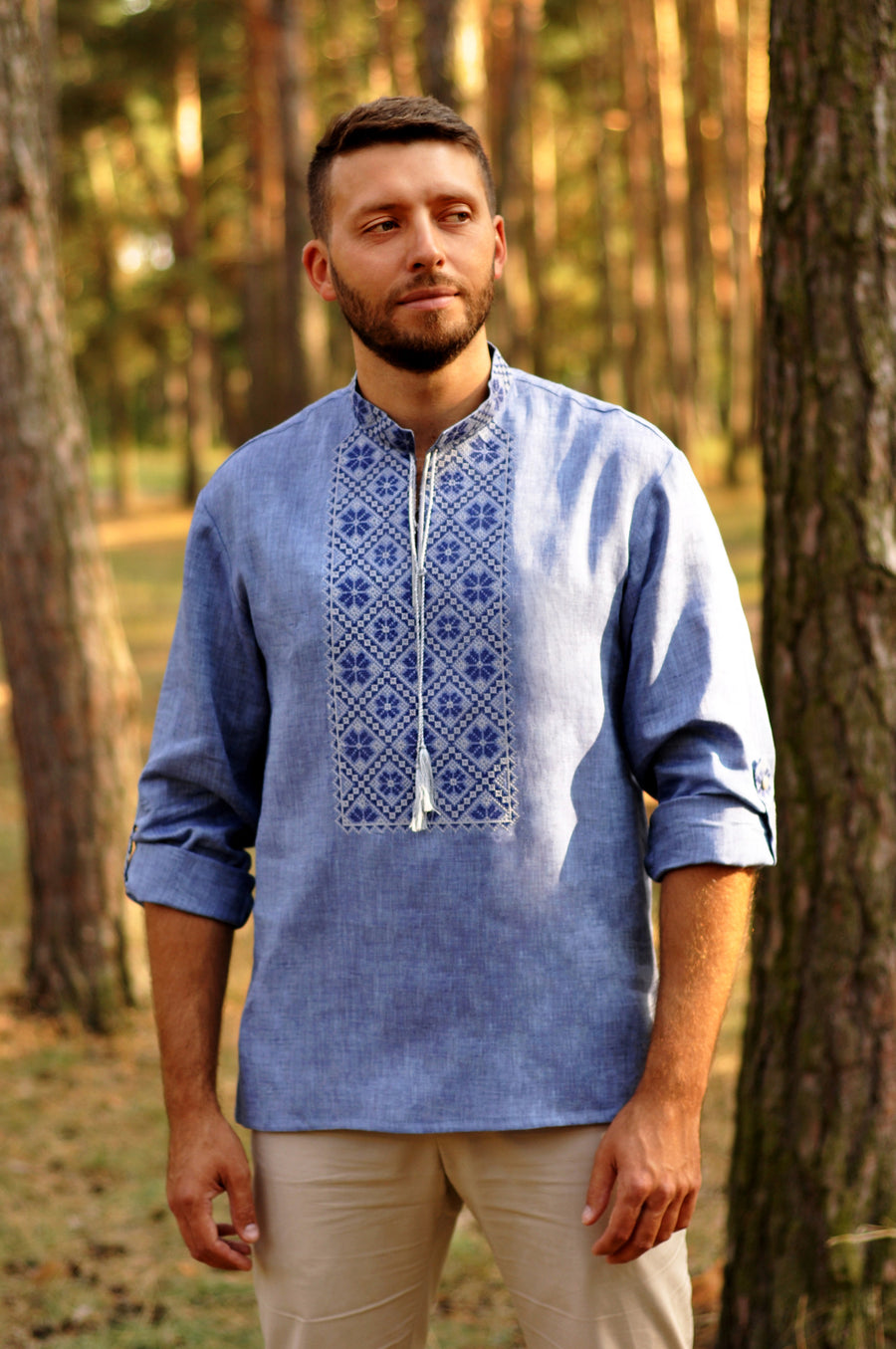Embroidered men's shirt in denim style