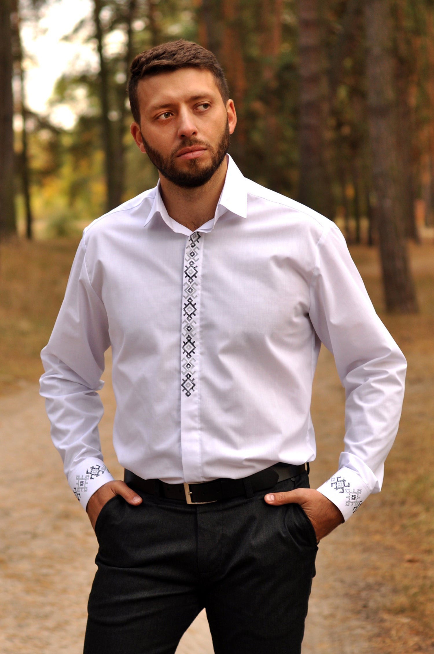 Men’s slim-fit white embroidered shirt with subtle gray ornament