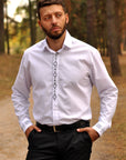 Men’s slim-fit white embroidered shirt with subtle gray ornament
