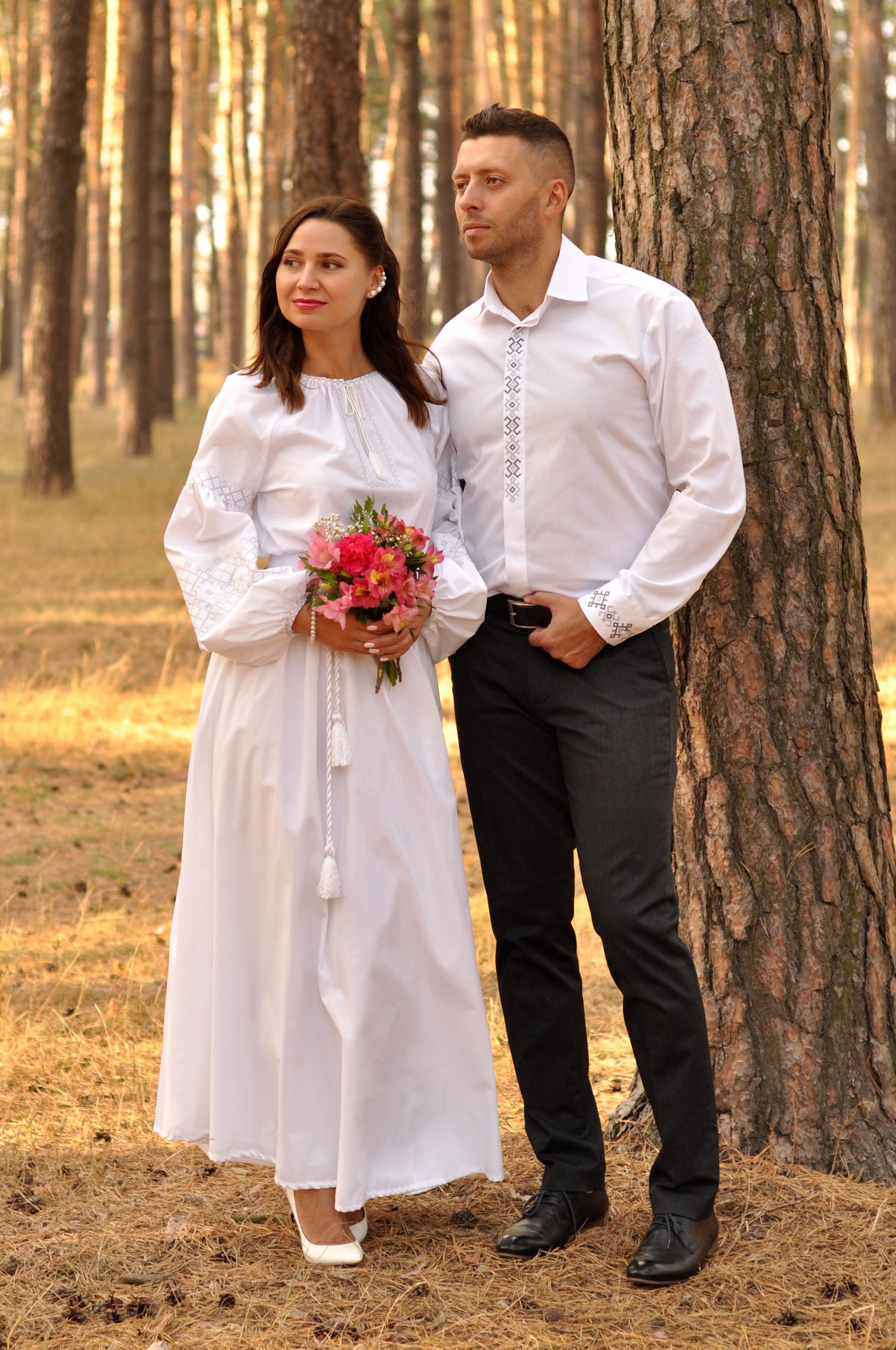 Wedding couple set with men’s white slim-fit embroidered shirt and women’s white embroidered dress