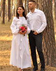 Wedding couple set with men’s white slim-fit embroidered shirt and women’s white embroidered dress
