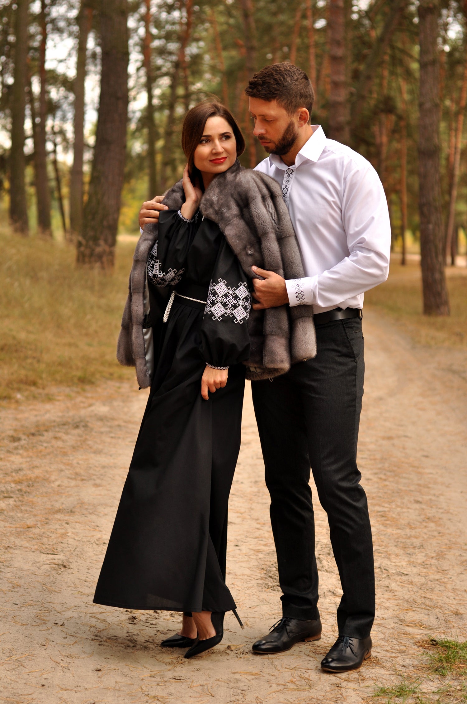 Elegant embroidered couple outfit in black and white for special occasions