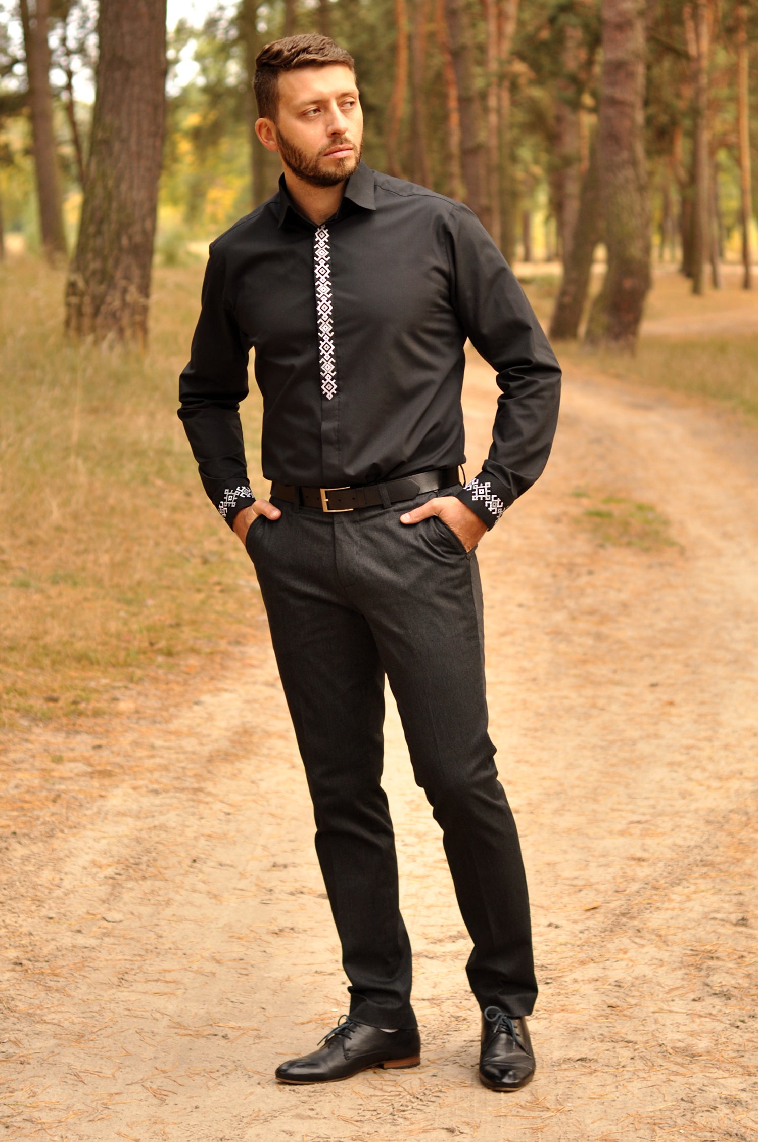 Men’s black embroidered button-up shirt with long sleeves