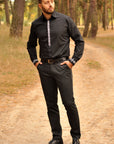 Men’s black embroidered button-up shirt with long sleeves