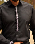Black Cotton Couple Set: Men’s Black Button-Up Embroidered Shirt & Women’s Black Maxi Dress