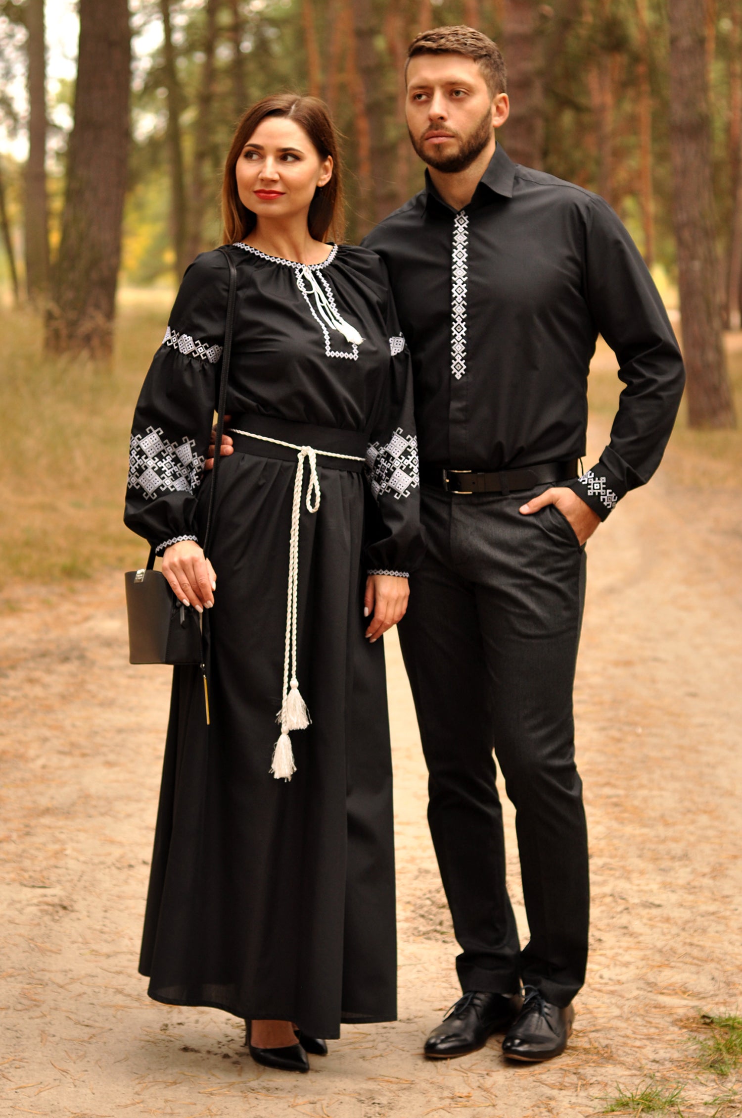 Matching cotton couple set with men’s black embroidered shirt and women’s black maxi dress