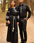 Matching cotton couple set with men’s black embroidered shirt and women’s black maxi dress