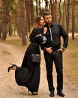 Elegant black embroidered outfit for couples with contrasting grey and white embroidery
