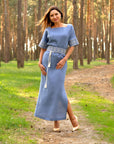 Women’s blue embroidered linen dress with short sleeves and side slits