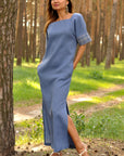 Blue Linen Embroidered Long Dress with Pockets and Removable Belt