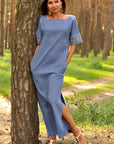 Elegant blue Ukrainian-style long dress with cream and blue embroidery