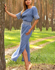 Blue linen embroidered long dress with pockets and removable belt