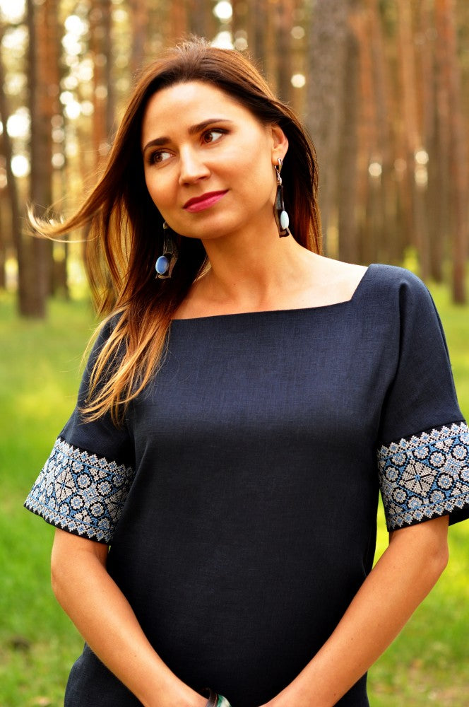 Elegant dark blue Ukrainian-style dress with straight silhouette