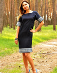 Women’s dark blue embroidered linen dress with milk and blue embroidery