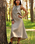 Women’s embroidered flax dress with airy silhouette and soft khaki ornament