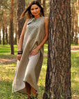 Natural linen khaki dress with asymmetric hem and Alatyr embroidery