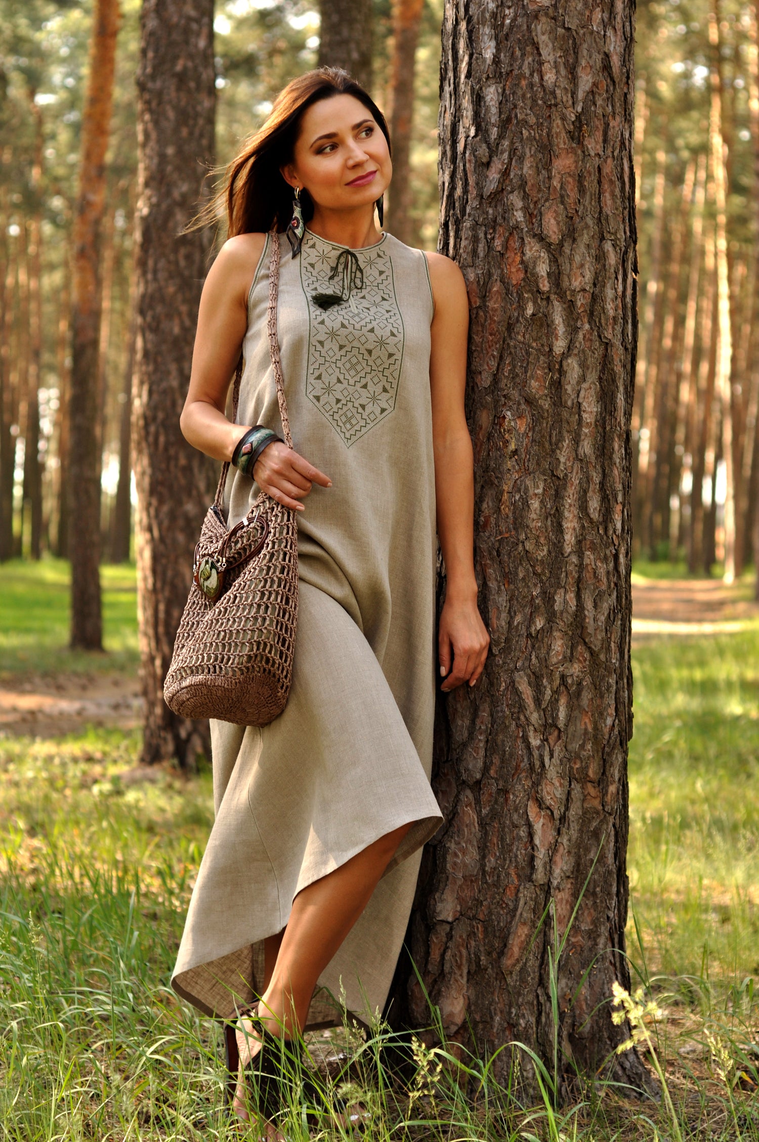 Natural unbleached linen dress with asymmetrical hemline
