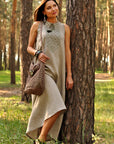 Natural unbleached linen dress with asymmetrical hemline