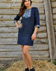Dark blue linen embroidered mini dress with pockets
