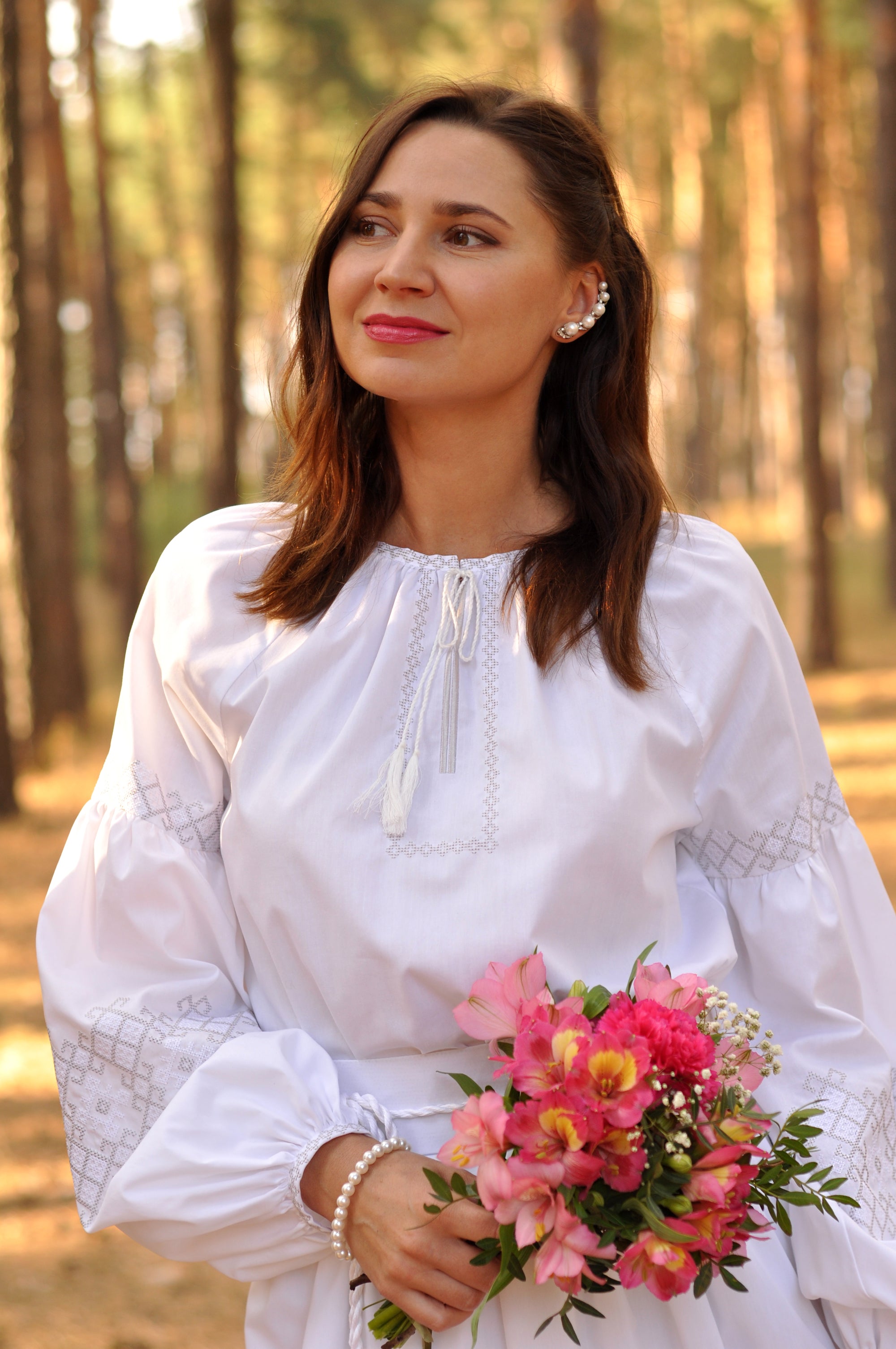 White embroidered wedding dress with removable belt
