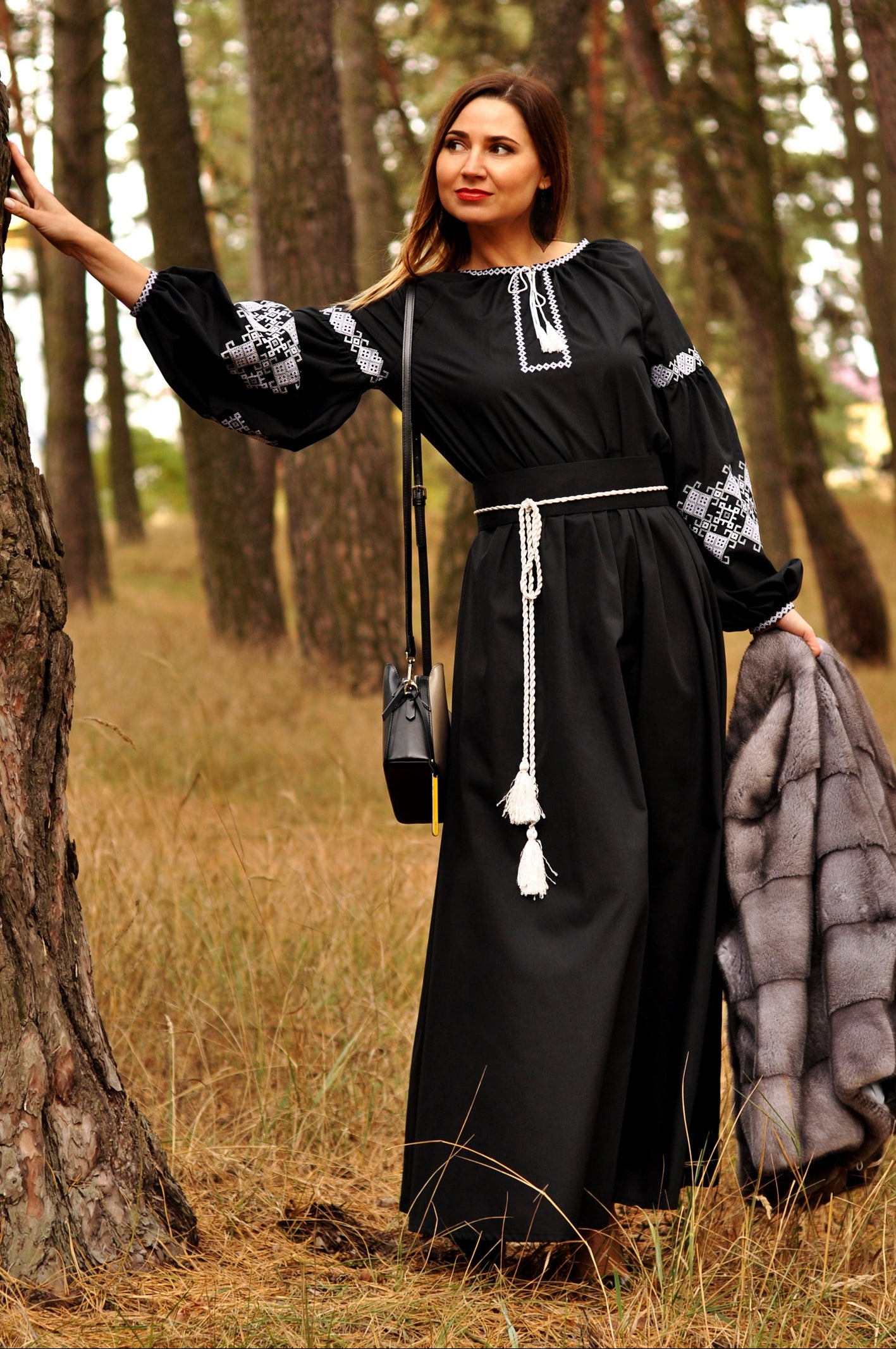 Black cotton evening maxi dress with white and gray embroidery