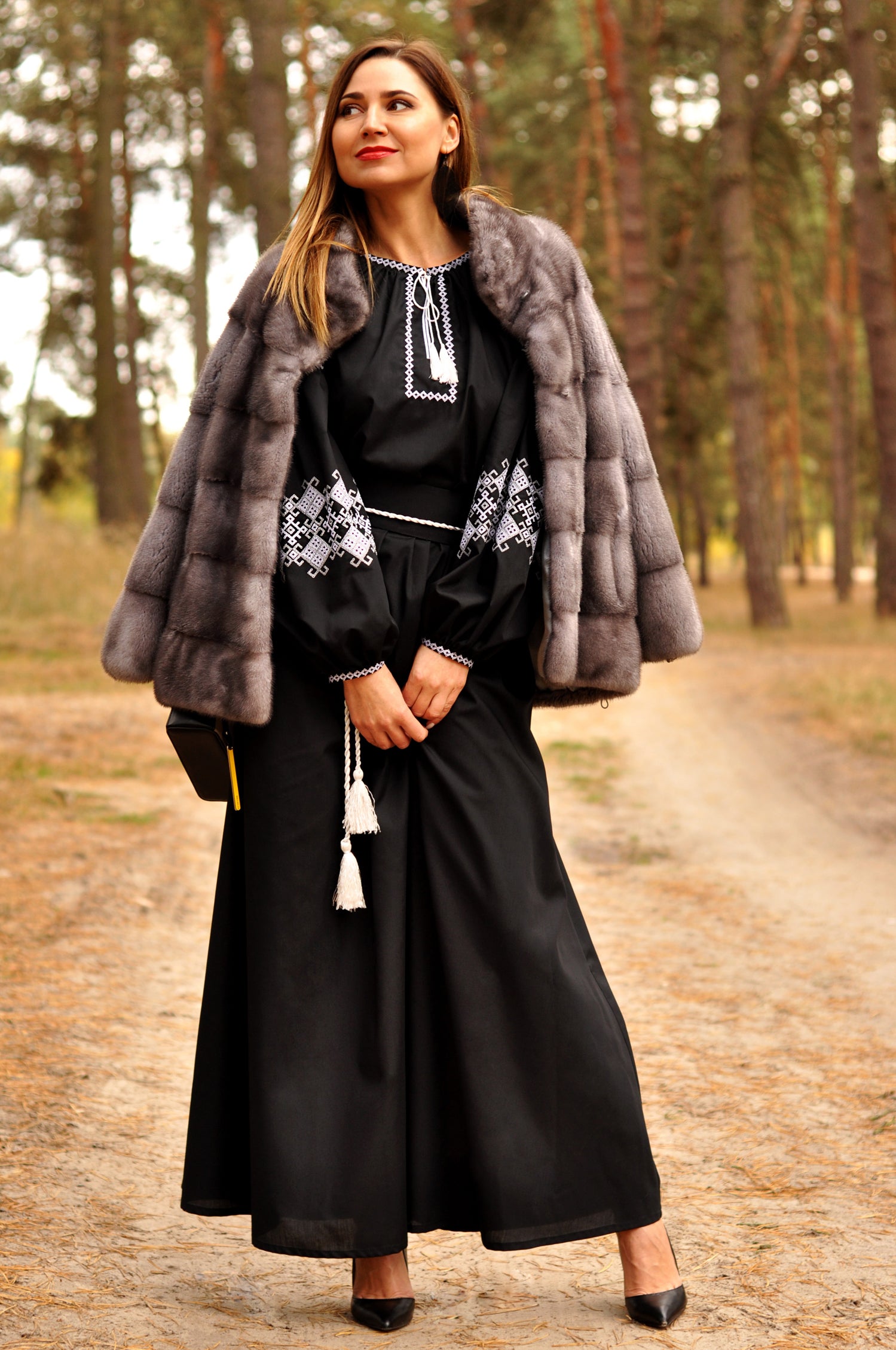 Women’s black embroidered maxi dress with wide waist belt