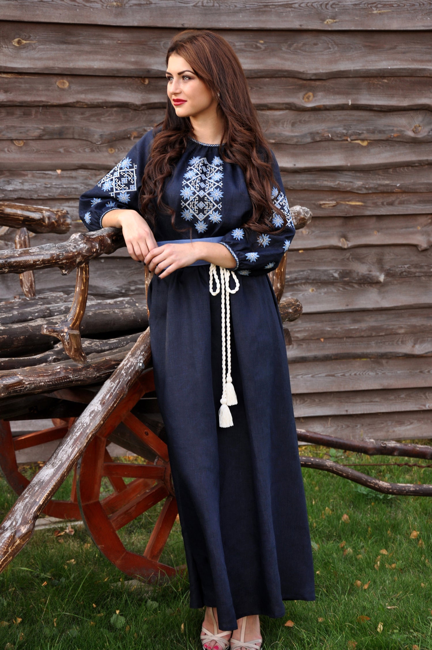 Women’s navy embroidered maxi dress with solid-color belt